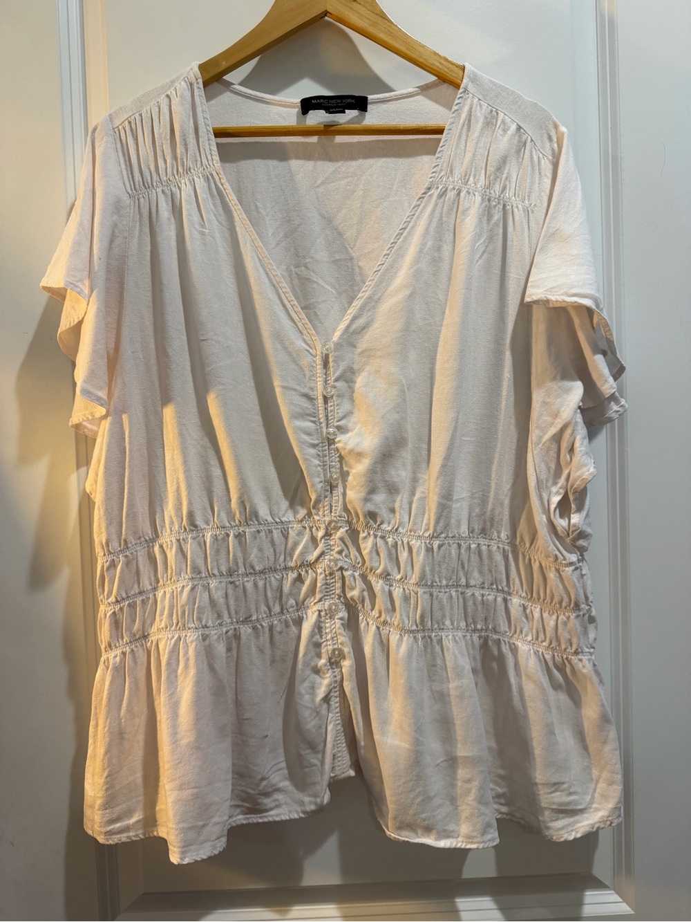 Marc New York Andrew Marc Linen Blend‎ Peplum Blouse White Button Front 2X